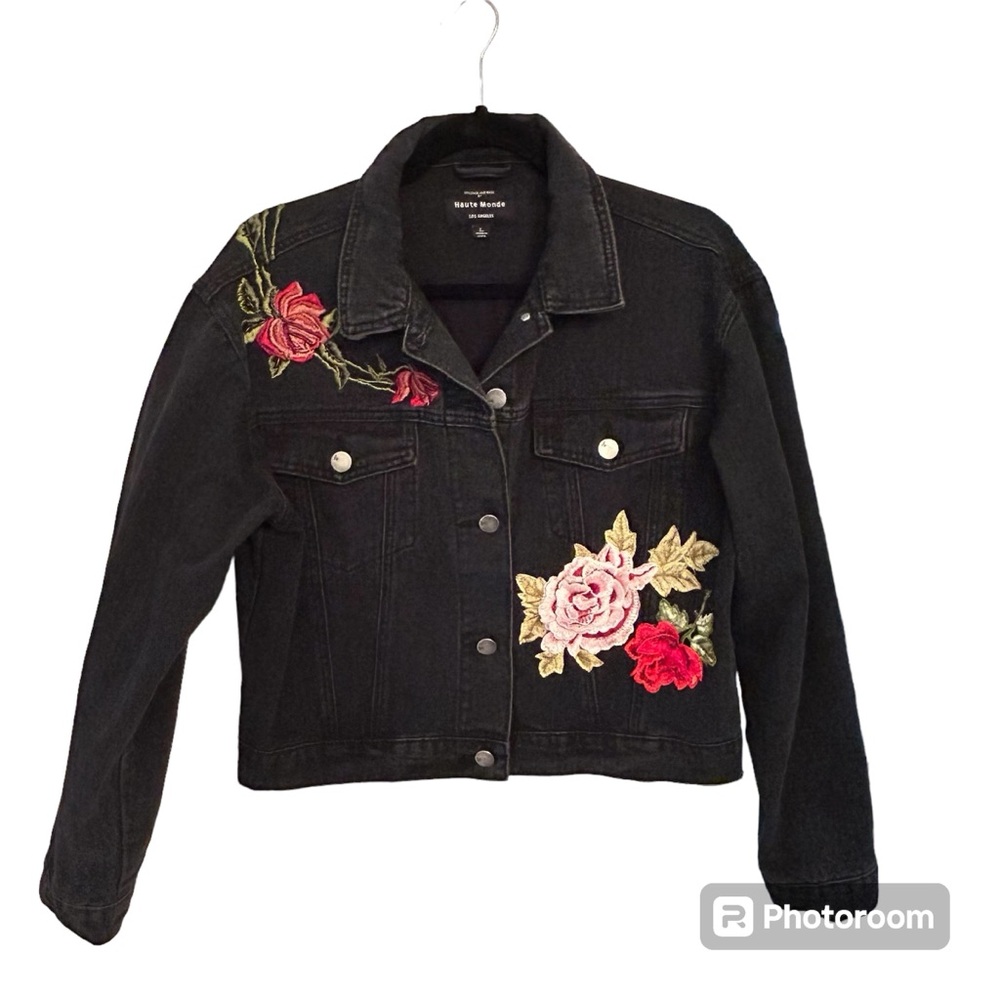Haute Monde LA Black Floral Embroidered Jean Jacket Size Large